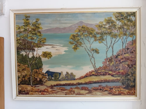 Impressionist oil painting by H. McKenzie — coastal landscape with trees, sea and mountains